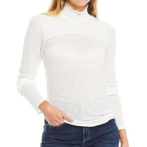 Free People Caroline White Smocked Semi-Sheer Long Sleeve Turtleneck, EUC, Small